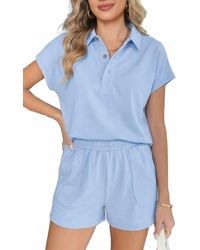 Shewin - Loose Polo Tee Elastic Waist Short Set - Lyst