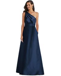 Alfred Sung - Draped One-shoulder Satin Maxi Dress With Pockets - Lyst