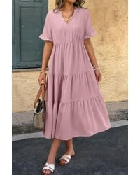 TRUEDAMES - Solid V Neck A Line Ruffle Hem Pleated Dress - Lyst