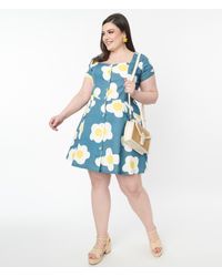 Unique Vintage - Plus Size Blue Denim & egg Flower Print Fit & Flare Dress - Lyst