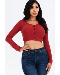 Fashnzfab - Ribbed Long Sleeve Snap Button Down Crop Top - Lyst