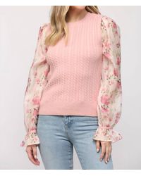 Fate - Floral Print Organza Sleeve Cable Knit Sweater - Lyst