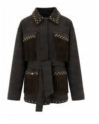 P.A.R.O.S.H. - Fringe-Embellished Wool Jacket With Belted Waist And Studded Accents - Lyst