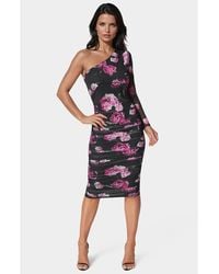 Bebe - One Shoulder Ruched Midi Dress - Lyst