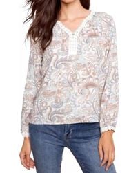 Charlie b - Printed Linen Blend Raglan Blouse With Crochet Trim - Lyst