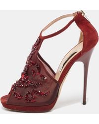 Jimmy Choo - Burgundy Mesh And Suede Embellished Ankle Strap Sandals - Lyst