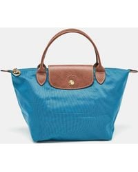 Longchamp - Brown/teal Nylon And Leather Small Short Le Pliage Tote - Lyst