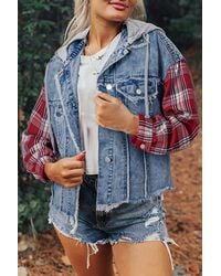 TRUEDAMES - Beau Plaid Print Patchwork Hooded Raw Hem Denim Jacket - Lyst