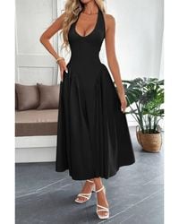 TRUEDAMES - Solid Halter Hide Back Zipper Midi Sundress - Lyst