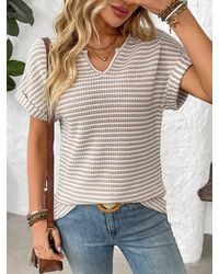 Trendsi - Striped Notched Short Sleeve T-Shirt - Lyst
