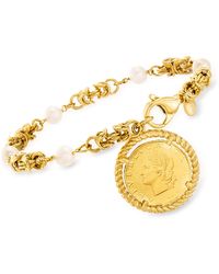 Ross-Simons - Italian 6mm Cultured Pearl And Replica Lira Coin Byzantine Bracelet - Lyst