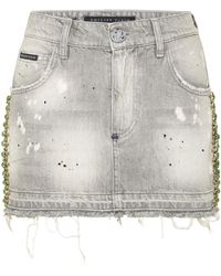 Philipp Plein - Denim Mini Skirt Rib Strass - Lyst
