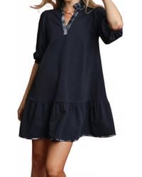 Umgee - French Terry Ruffle Hem Dress With Plaid Trim V-Neck - Lyst