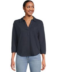 L.L. Bean - L. L.Bean T-Shirt Womensnavy Linen Blendsleeve Split Neck Pullover Buu965 - Lyst