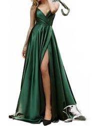 Cinderella Divine - Flowy Satin V-Neck A-Line Gown With Leg Slit - Lyst