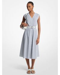 MICHAEL Michael Kors - Striped Cotton Poplin Belted Midi Dress - Lyst