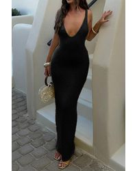 TRUEDAMES - Solid V Neck Halter Cross Back Maxi Dress - Lyst