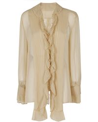 Alberta Ferretti - Silk Chiffon Pleated Ruffled V-Neck Silk Blouse - Lyst