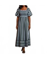 She + Sky - Short Bubble Sleeve Smocked Top Striped Midi Dress - Lyst
