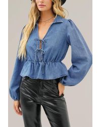Idem Ditto - Washed Cotton Denim Double Tie Front Long Sleeve Top - Lyst