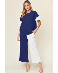 TRUEDAMES - Full Size Texture Contrast T-Shirt And Wide Leg Pants Set - Lyst