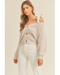 TRUEDAMES - Off Shoulder Self Tie Strap Button Down Sweater - Lyst