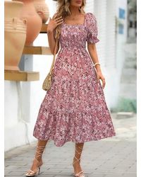 Trendsi - Floral Square Neck Short Sleeve Tiered Dress - Lyst