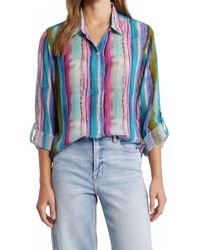Apny - Button-Up With Roll-Up Sleeve Pattern Top - Lyst