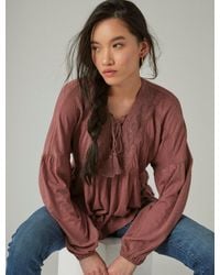 Lucky Brand - Lace Up Trim Peasant Top - Lyst