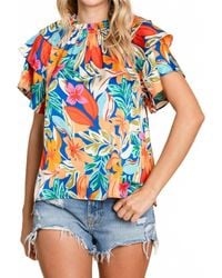 Jodifil - Tropical Floral Print Ruffled Sleeve Top - Lyst