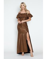 TRUEDAMES - Off-Shoulder Glitter Knit Gown With Ruffled Overlay And Side Slit For Formal Events - Lyst