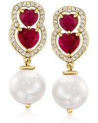 Ross-Simons - 9.5-10mm Cultu Pearl And Ruby Heart Drop Earrings With . White Topaz - Lyst