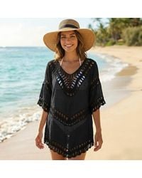TRUEDAMES - Crochet Trim V-Neck Sheer Beach Cover Up Poncho - Lyst