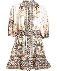 FARM Rio - Flower Fan Tapestry Print Puff Sleeve Belted Mini Shirt Dress - Lyst