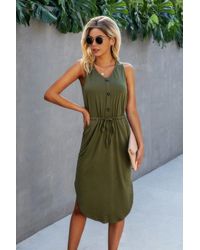 TRUEDAMES - Solid V Neck Drawstring Waist Curved Hem Dress - Lyst