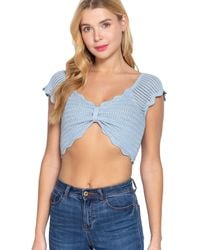 TRUEDAMES - Short Sleeve V-Neck Front Knot Detail Sweater Knit Crop Top - Lyst
