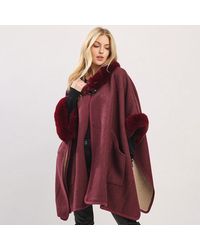 TRUEDAMES - Faux Fur Trim Toggle Clasp Front Cape Wrap Poncho - Lyst