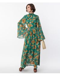 Unique Vintage - Green & Orange Floral Bell Sleeve Maxi Dress - Lyst