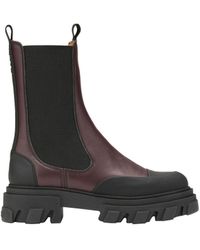 Ganni Leather Cleated Mid Chelsea Boots in Burgundy (Black) | Lyst