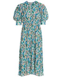 Ganni Pleated Floral Georgette Dress - Blue