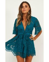 Showpo Break The Bar Playsuit In Teal Lace - Blue