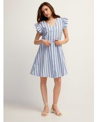 Ichi - Blue Stripes Ruffled Sleeves Flared Dress - Lyst