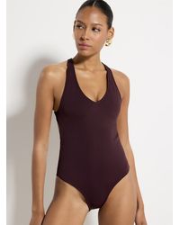 Simon's - V-cut Ribbed One-piece (women, Brown, Large) - Lyst