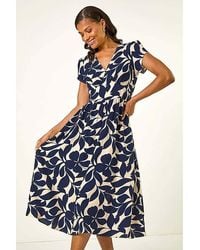 Roman - Roman Leaf Print V-Neck Midi Dress - Lyst