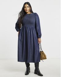 Simply Be - Long Sleeve Denim Shirred Midaxi Dress - Lyst
