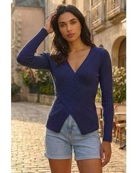 Roman - Roman Wrap Front Ribbed Knit Top - Lyst