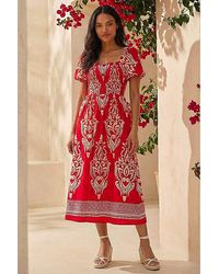 Roman - Roman Abstract Print Shirred Midi Dress - Lyst