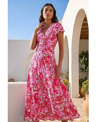 Roman - Roman Floral Ruched Waist Midi Dress - Lyst