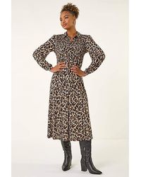 Roman - Roman Animal Print Shirred Midi Dress - Lyst