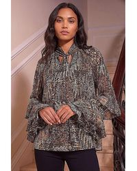 Roman - Roman Animal Print Tie Front Flared Top - Lyst